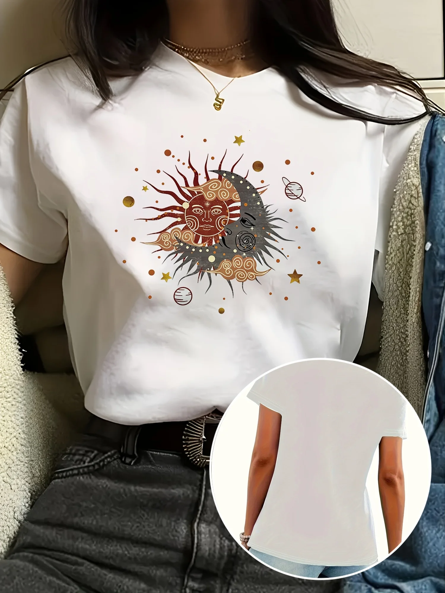 Sun and Moon Printed Crew Neck T-Shirt, Spring and Summer Casual Short Sleeve Top, Women's Cotton Large Size Crew Neck T-Shirt Clothing