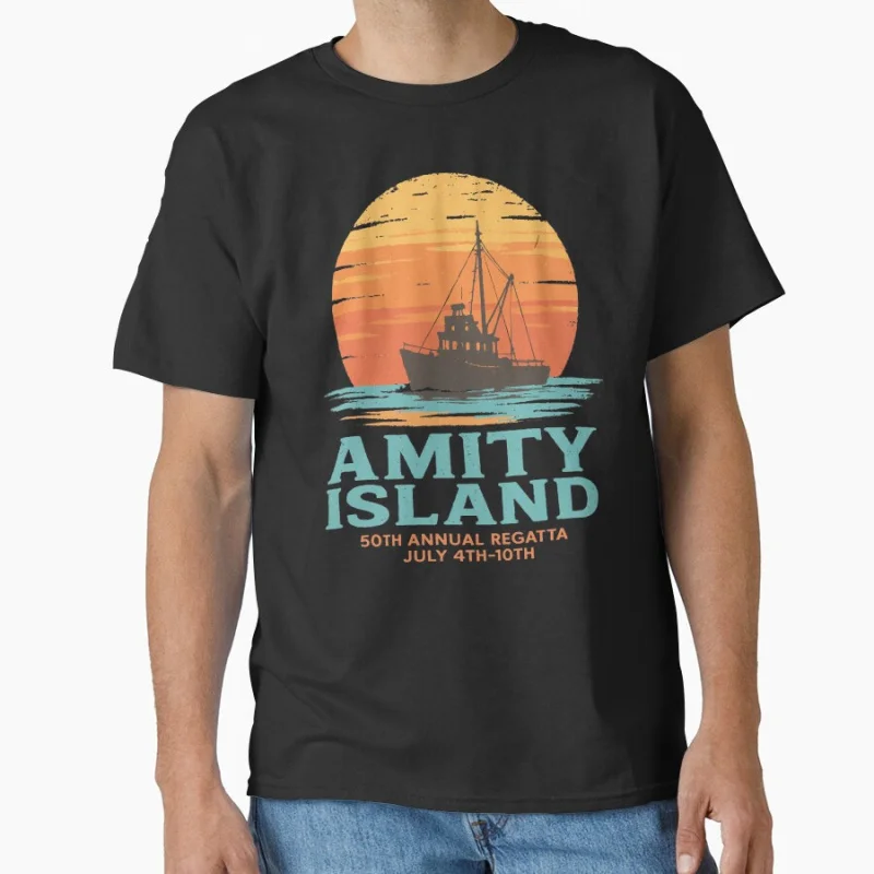 

Amity Island vintage 80s Horro movie Shark attack 50th Anniversary Jaws 1975 gift T-shirt Large size Tops S-6XL Mens clothing
