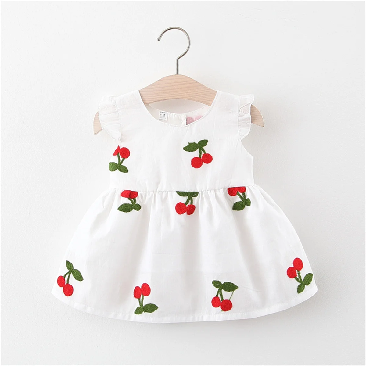 Summer Baby Girl\'s Dress Lovely Cherry Embroidery Small Flying Sleeves Knee-length Daily Solid Color Dress