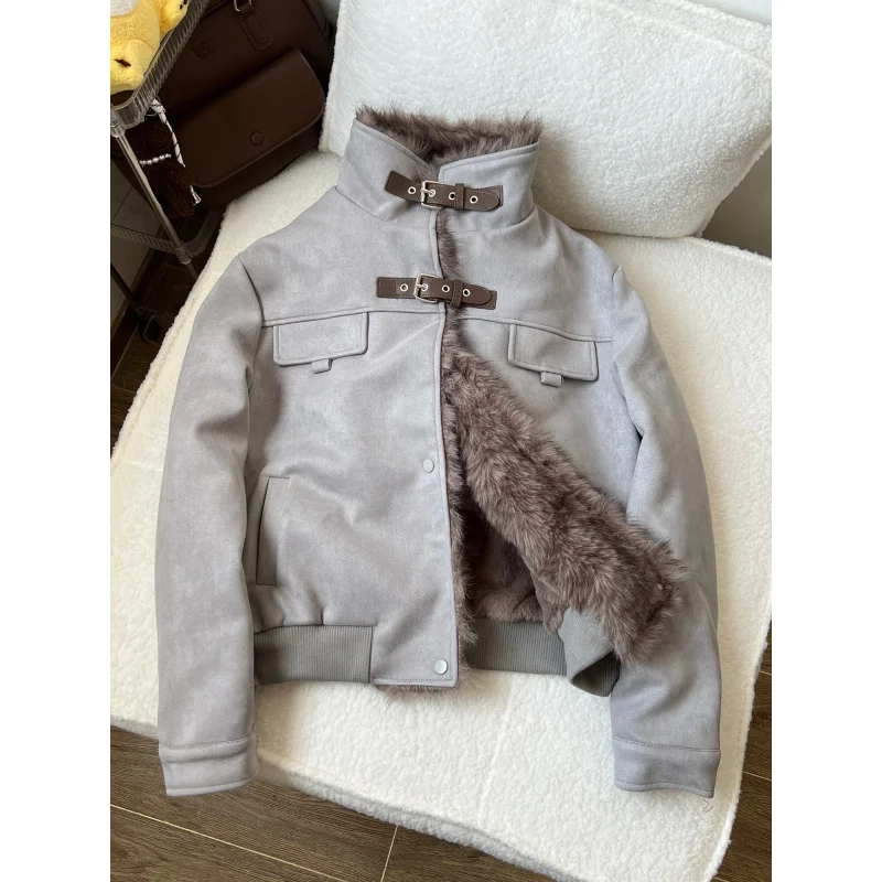 

Женская зимняя теплая куртка большого размера в американском ретро-стиле из замши с меховым воротником и вставками, с воротником-стойкой, хлопковая верхняя одежда