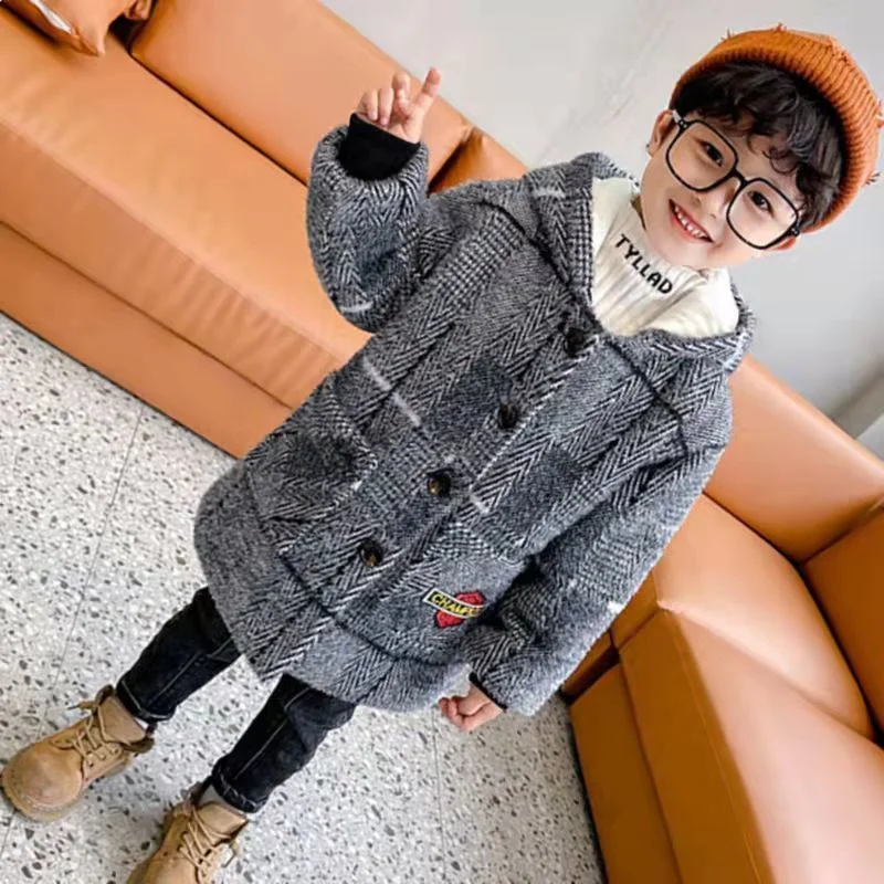 

Boys Woolen Coat Overcoat Jacket Windbreak 2024 Retro Warm Plus Thicken Autumn Winter Cotton Christmas Gift Children's Clothing