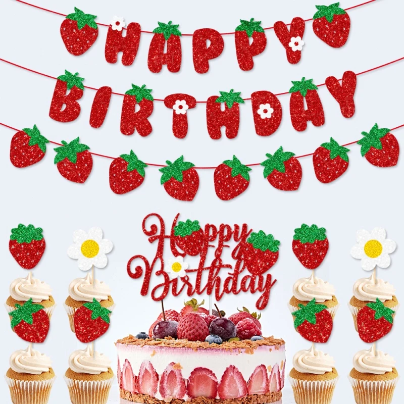 Strawberry Happy Birthday Cake Flags Strawberry Banner Cupcake Topper Fruit Kids Sweety Party Cake Baking Decor DIY