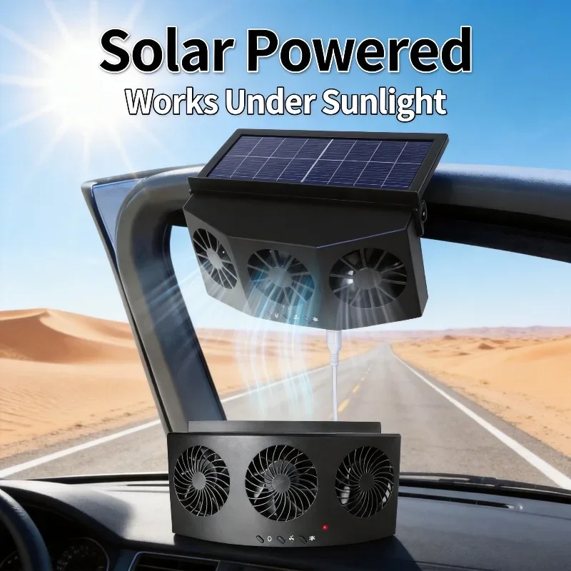 USB Solar Rechargeable Car Exhaust Fan 3 Head High Wind Air Circulation Cooling Ventilation Heat Dissipation Auto Vehicle Cooler