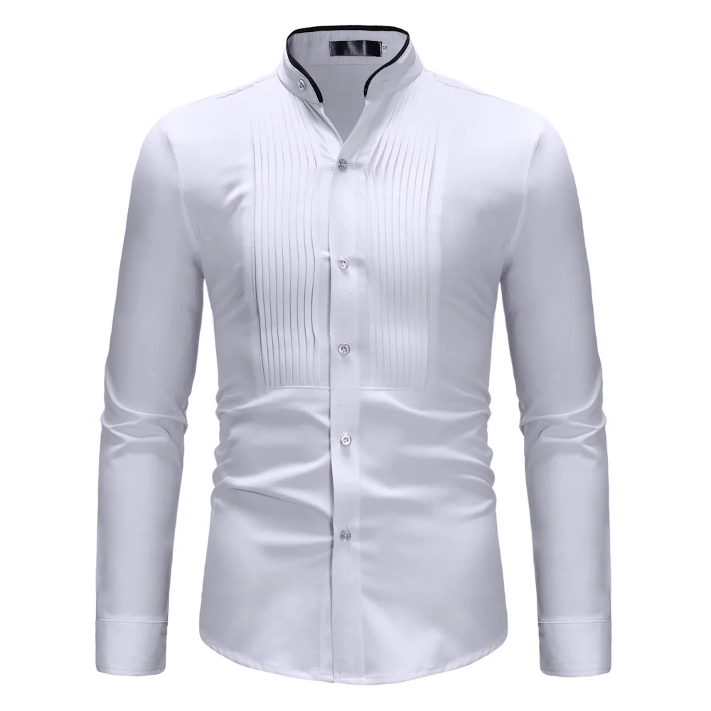 

Contrasting Stand-up Collar Shirt Men's Pleated Front Long Sleeve Banquet Dress Shirt