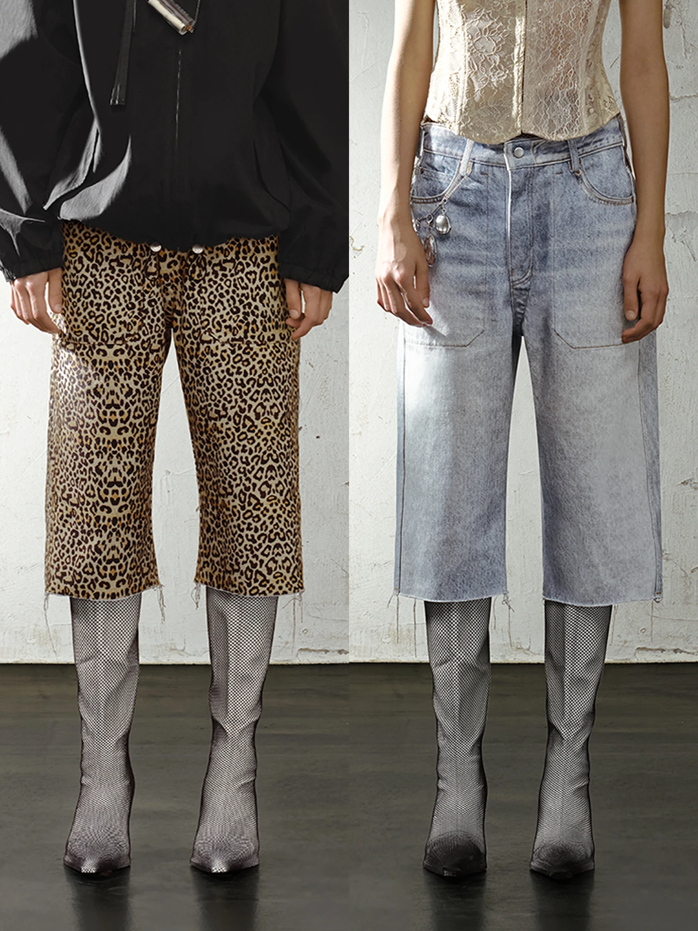 

Double-Sided Wearable Reversible Capri Jeans Leopard Print Frayed Seven-Quarter Length Ladies Straight Cotton Denim