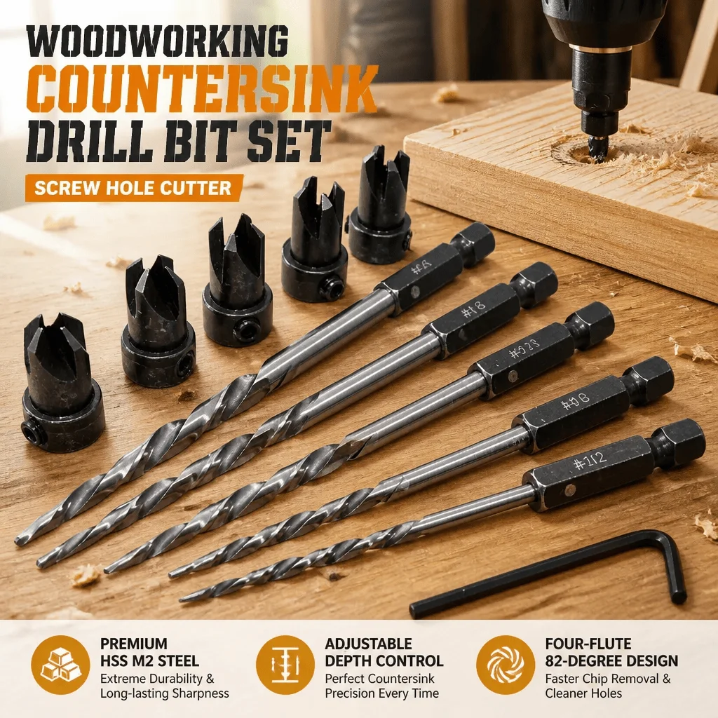 Countersink Drill Bits Set HSS M2 Steel 5PCS Adjustable Depth 82 Degree 4-Flute Woodworking Tools Chamfer Cutter 1/4 Hex Shank