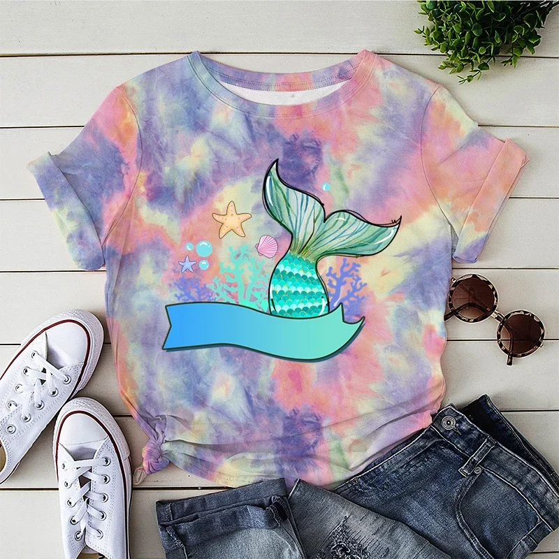 Lovely Mermaid Cartoon Graphic T Shirts Y2K Aesthetic Top Women New Summer Beach Tie-dye T-shirt Korean Fashion Tees Female