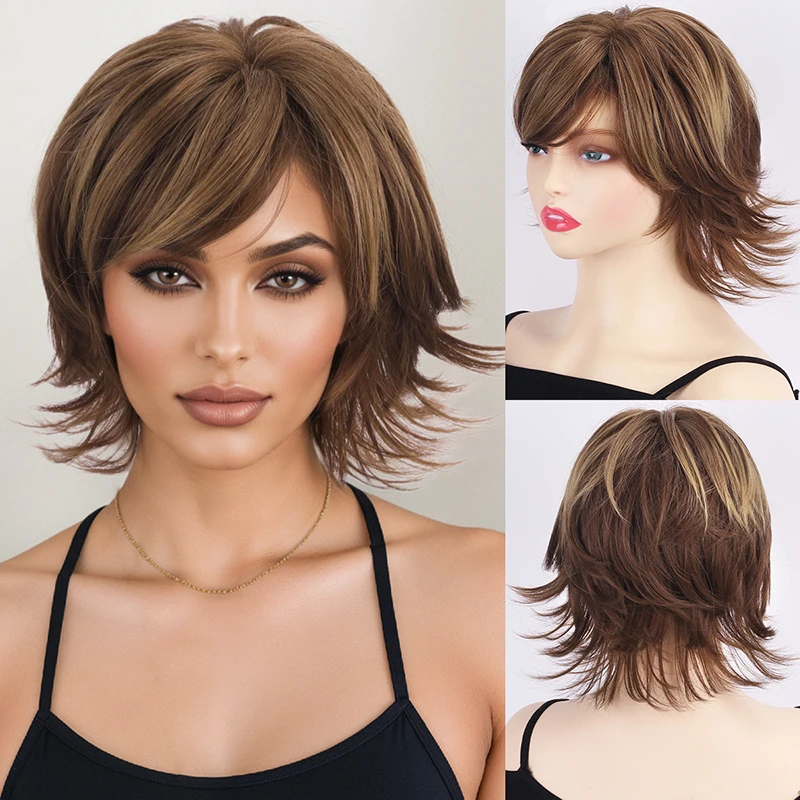 

Fashionable wig set for women, fluffy and dyed gradient color short hair, synthetic fiber wig