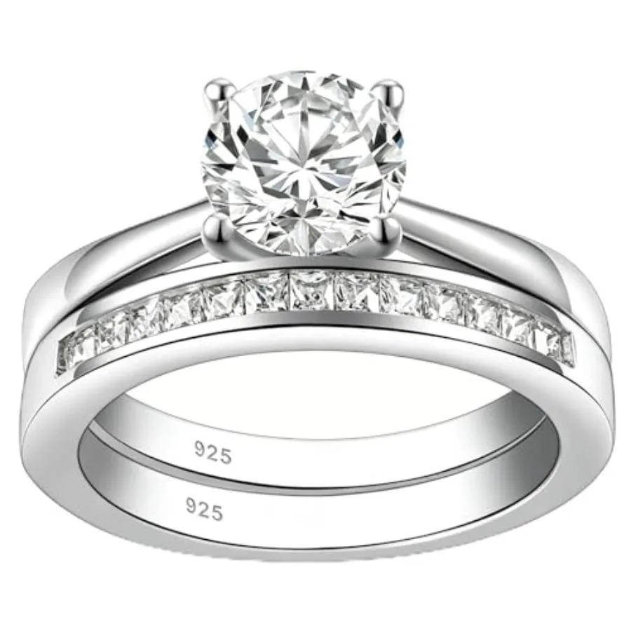 

Moissanite Solitaire Wedding Ring Sets For Women Round Cut Engagement Ring White Gold Plated Silver Sz 5