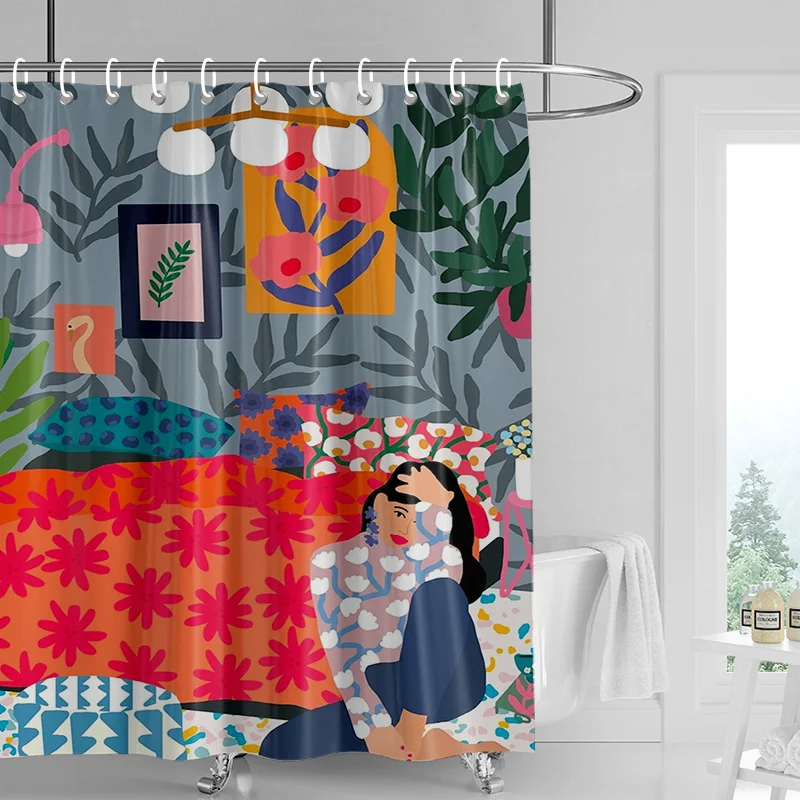 Artistic Woman in Garden Shower Curtain Waterproof Easy to Clean Privacy Protection Print Boho Art Design Vibrant BathroomDecor