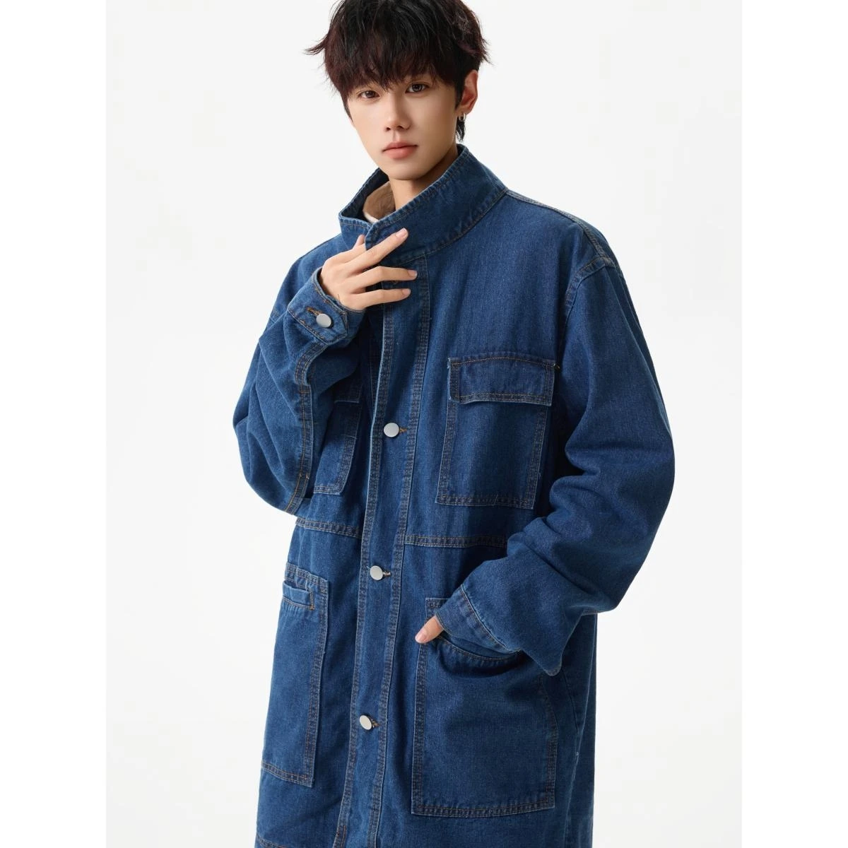 

Свободная мужская джинсовая куртка оверсайз средней длины, повседневная рабочая куртка, удобная куртка для пар из смесового хлопка и полиэстера