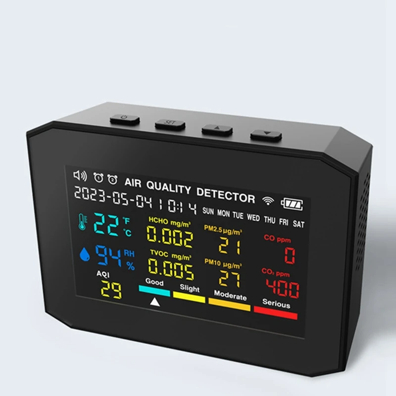مراقبة جودة الهواء في الأماكن المغلقة، مع عرض تاريخ الوقت وساعة منبه، شاشة ABS CO2 باللون الأسود