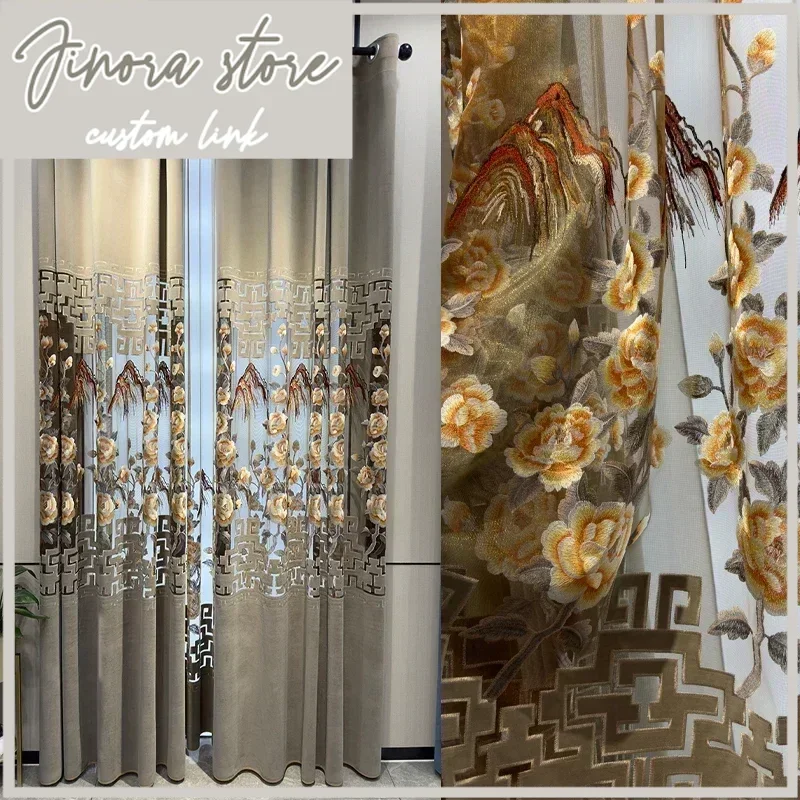 Landscape Embroidery Flannelette Hollow Curtains Chinese High-end  For Living Room Bedroom Villa French Window Customization