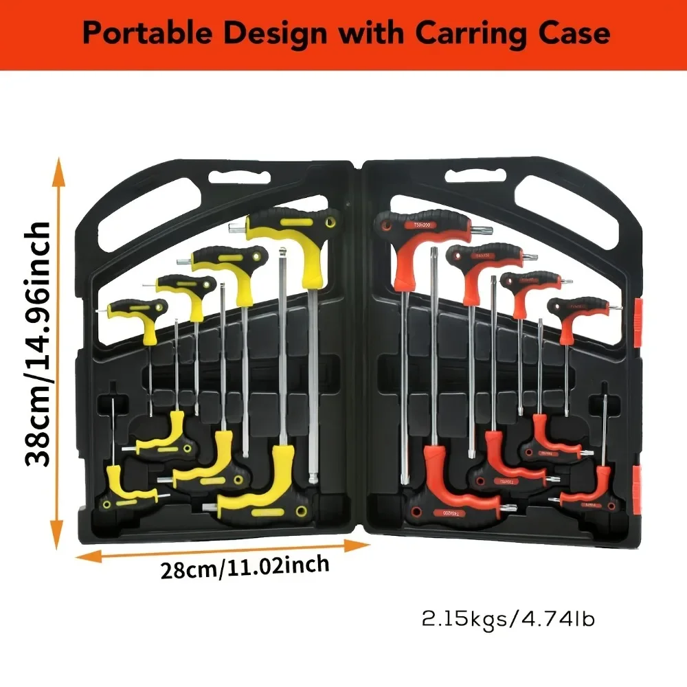 16PCS T Handle Hex Key Wrench Set Ball End Allen Star Torx Wrench CR-V Steel with Storage Stand for Bike Repair Hand Tools