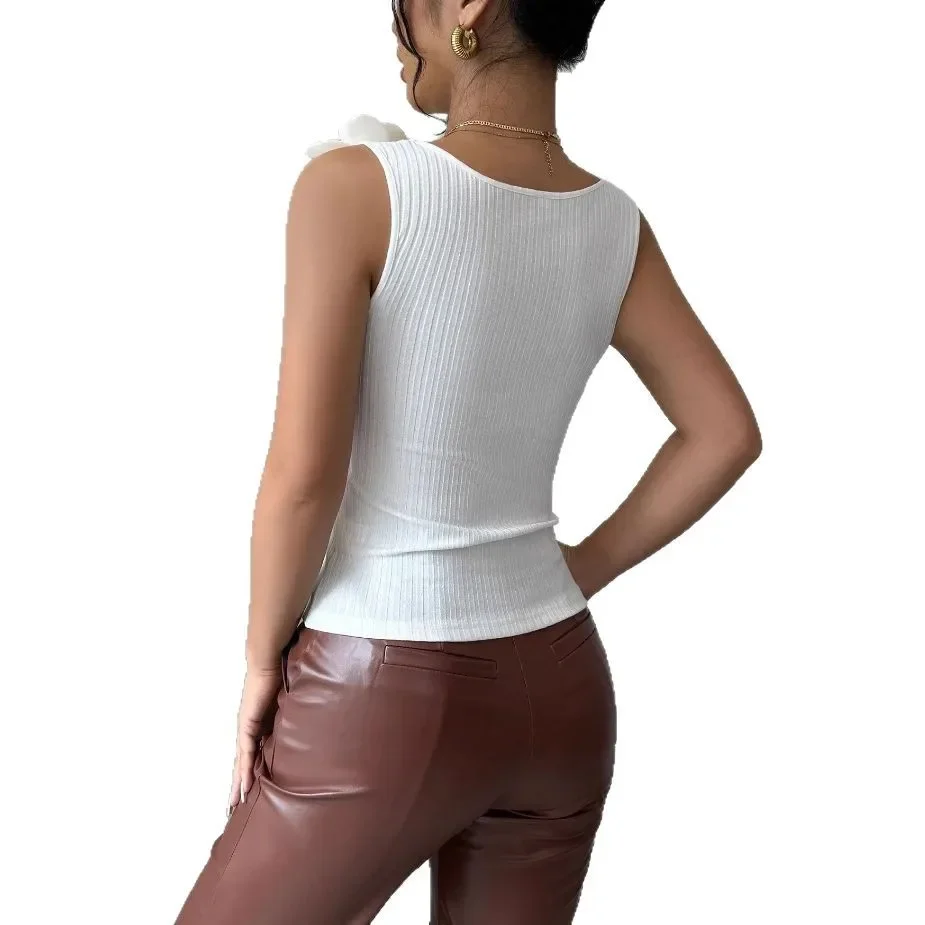 Summer Lady Zircon Flower Decor Slim Pit Knitted Tank Camis Tops Lady Ruffle Y2k Slim Vests
