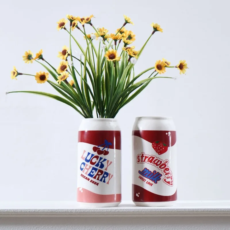 1Pcs Small Ceramic Can Vase Colorful Lucky Cherry Cream Soda Modern Pop Art Decoration Accessories Object Tabletop Living Room