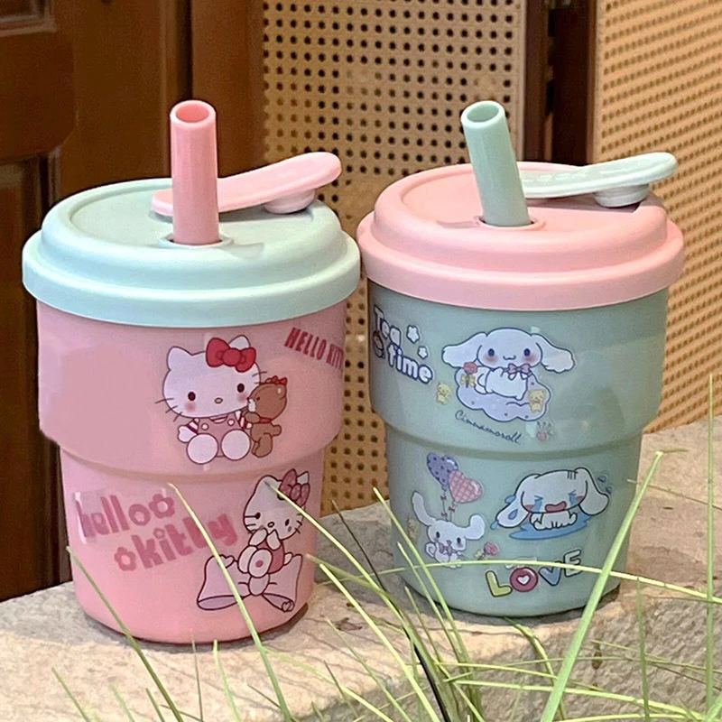 Cute Hello Kitty Straw Cup 420ML Large Capacity Plastic Coffee Cup Fashion Cartoon Sanrio Water Bottle Birthday Gift For Friends