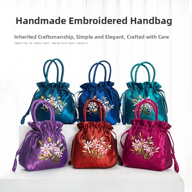 Hand Embroidered Drawstring Bag Mobile Coin Purse Handheld Basket Women's Soft Handbag Floral Pattern Summer Season New Bag