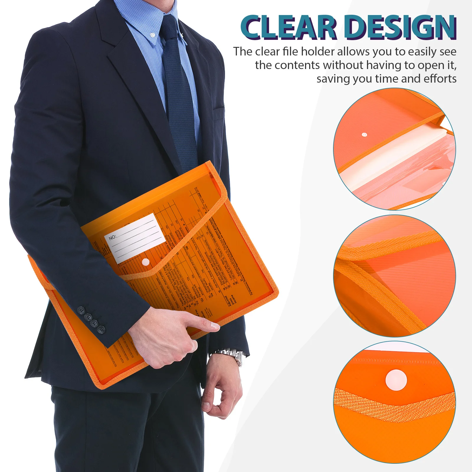 5개 플라스틱 파일 폴더 클리어 백 스냅 버튼 클로저 라벨 포켓 A4 문서 홀더 스토리지 오거나이저 클리어 백