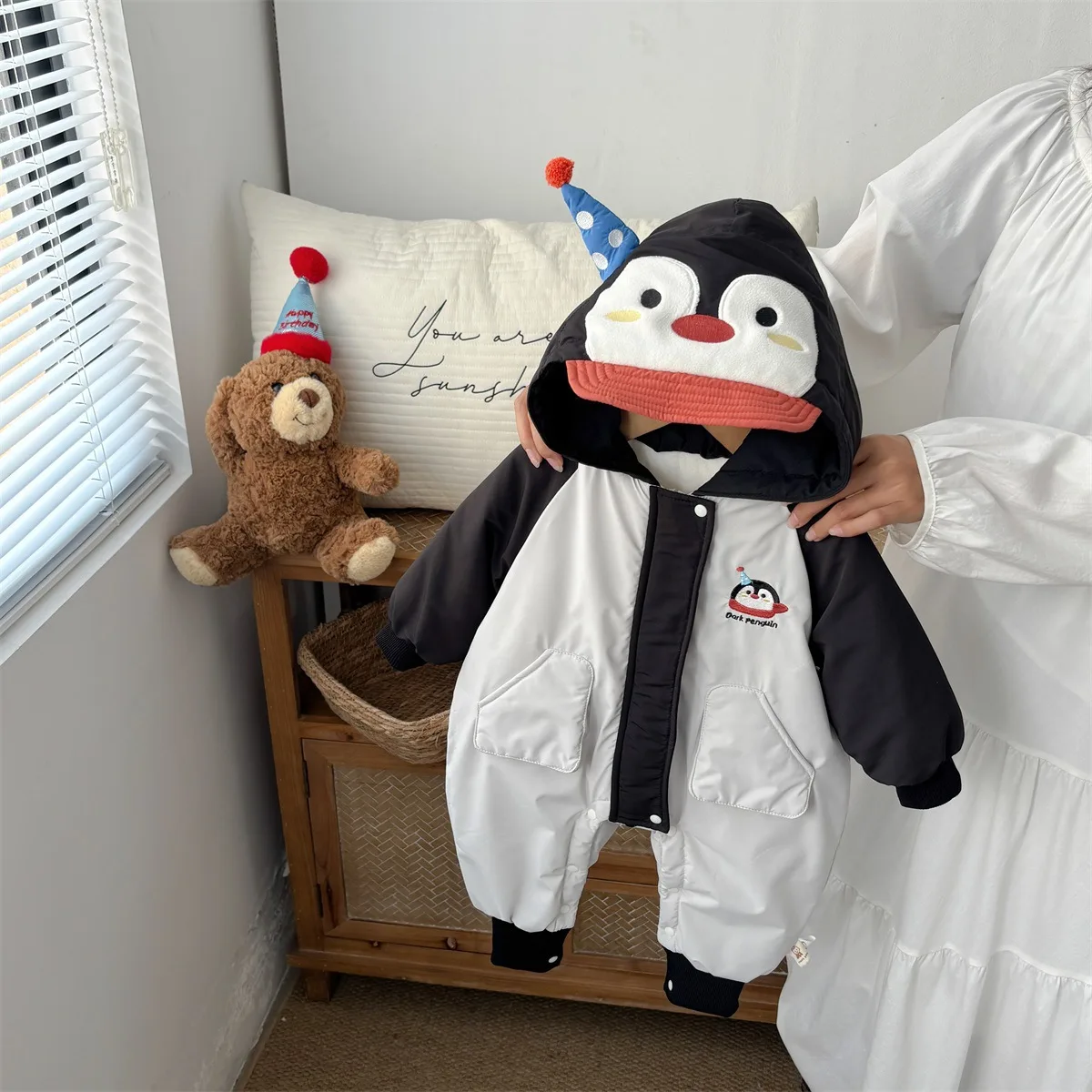 

Костюм Thiened Fce для малышей: ветрозащитный осенне-зимний комплект с мультяшным пингвином для девочек, милый верхний одяг