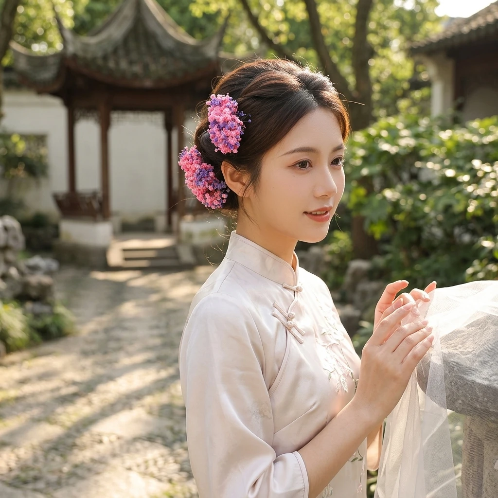 Alloy Hair Clip for Hanfu Dress Women Vintage Artificial Babys Breath Flower Pin Retro Silk Floral Non-slip Grip Accessory