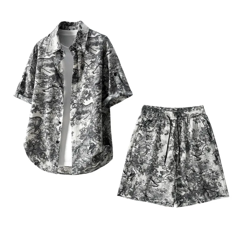 

Модный молодежный комплект в корейском гонконгском стиле для мужчин и женщин, комплект из рубашки с короткими рукавами и шорт, комплект одежды на летний сезон