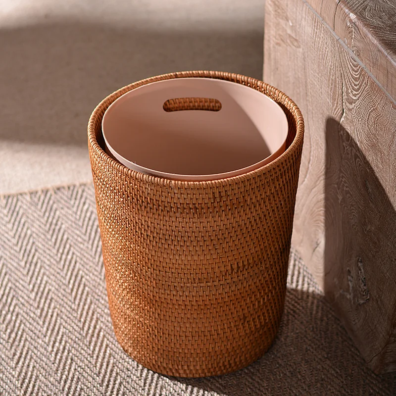 Solid Wood Rattan Woven Home Living Room Trash Can Round Bedroom Retro Storage Bucket Handmade Desktop Wastebasket