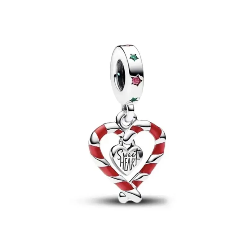 New Sparkling 925 Silver Double Candy Cane Heart Christmas Pendant Halloween Charm Fit Pandora Bracelet Jewelry apple Snow Beads