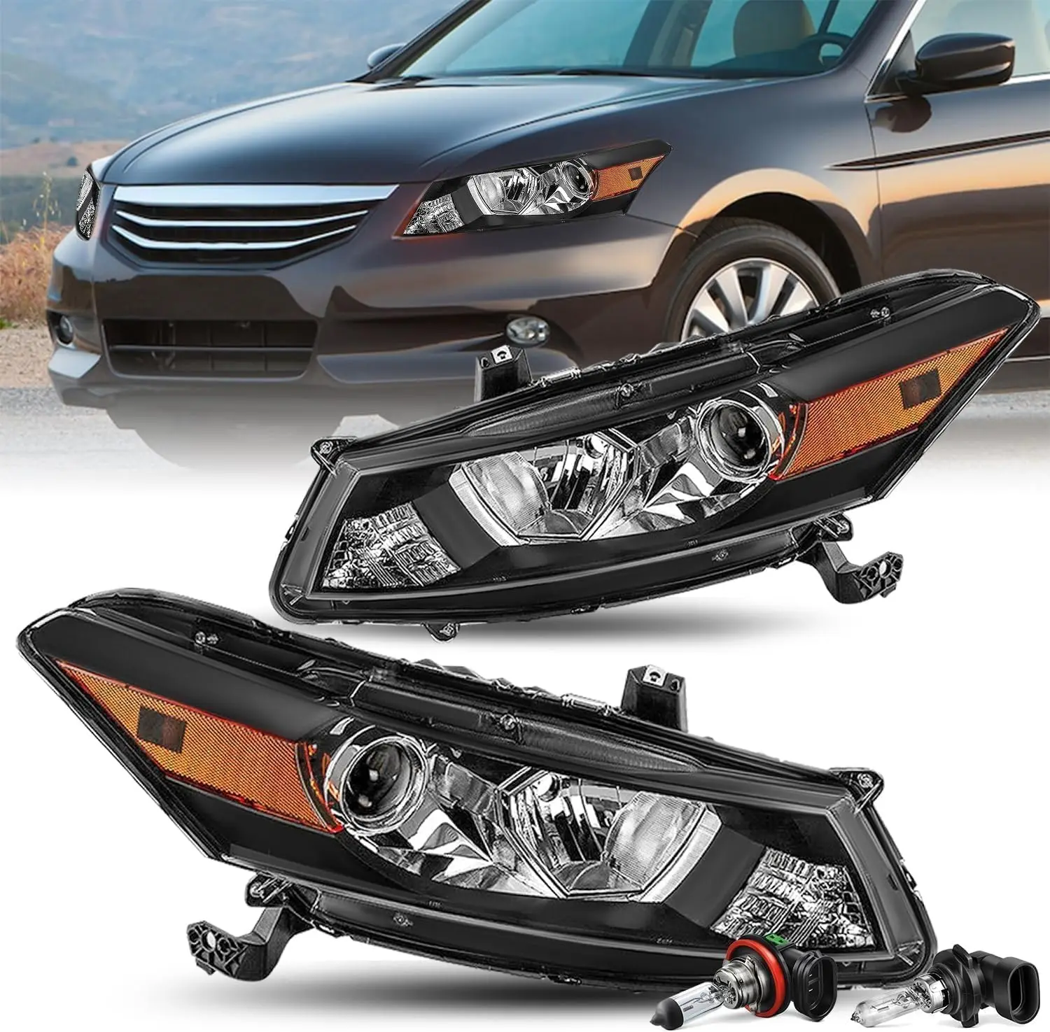 

Headlight Assembly Pair w/Bulbs for 2008-2012 Honda Accord Coupe 2-Door [Halogen Type] OEM Projector Headlamp Black Amber Corner