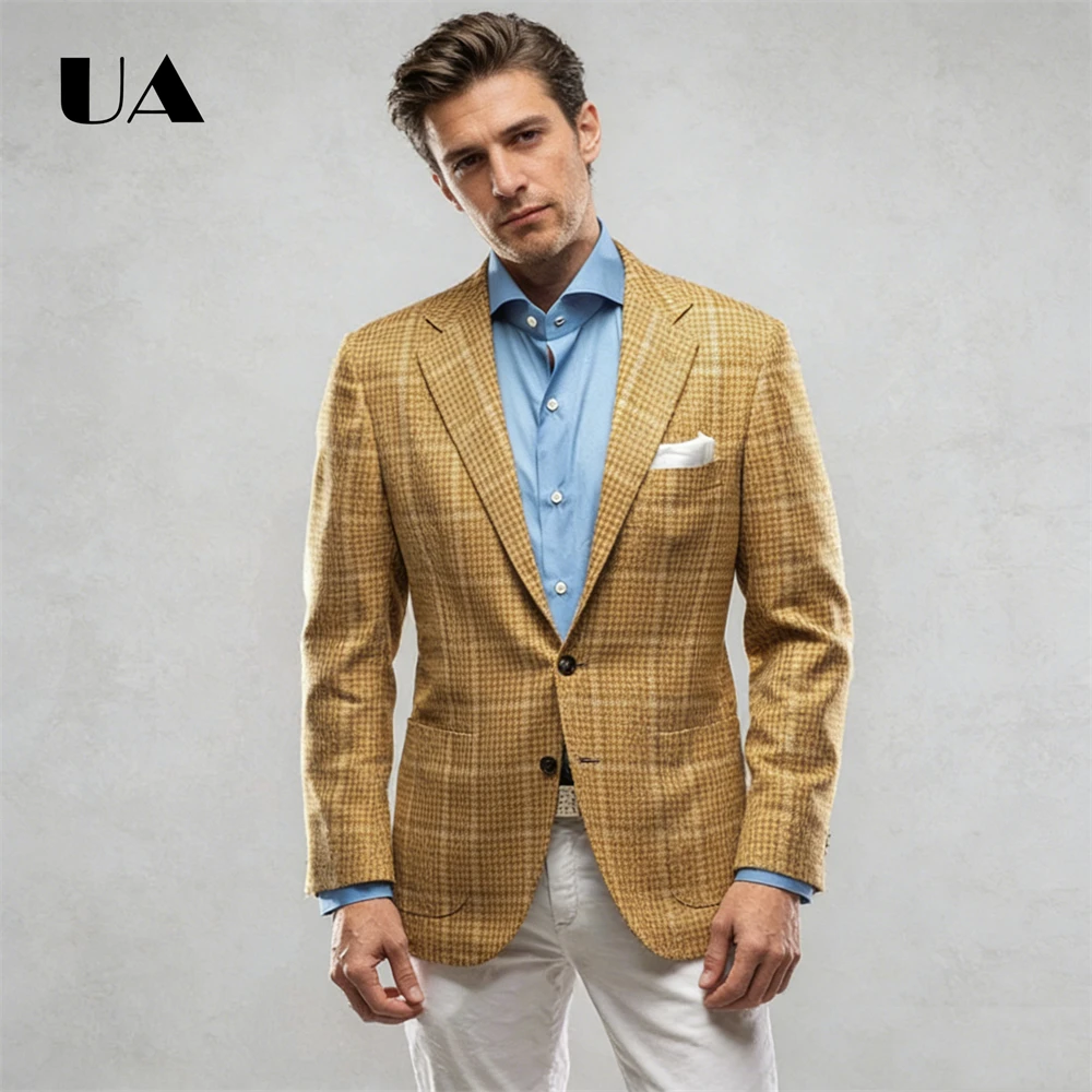 

Легкий мужской пиджак с вырезанными лацканами, повседневный офисный пиджак в гусиную лапку, модный пиджак для свадьбы и торжеств