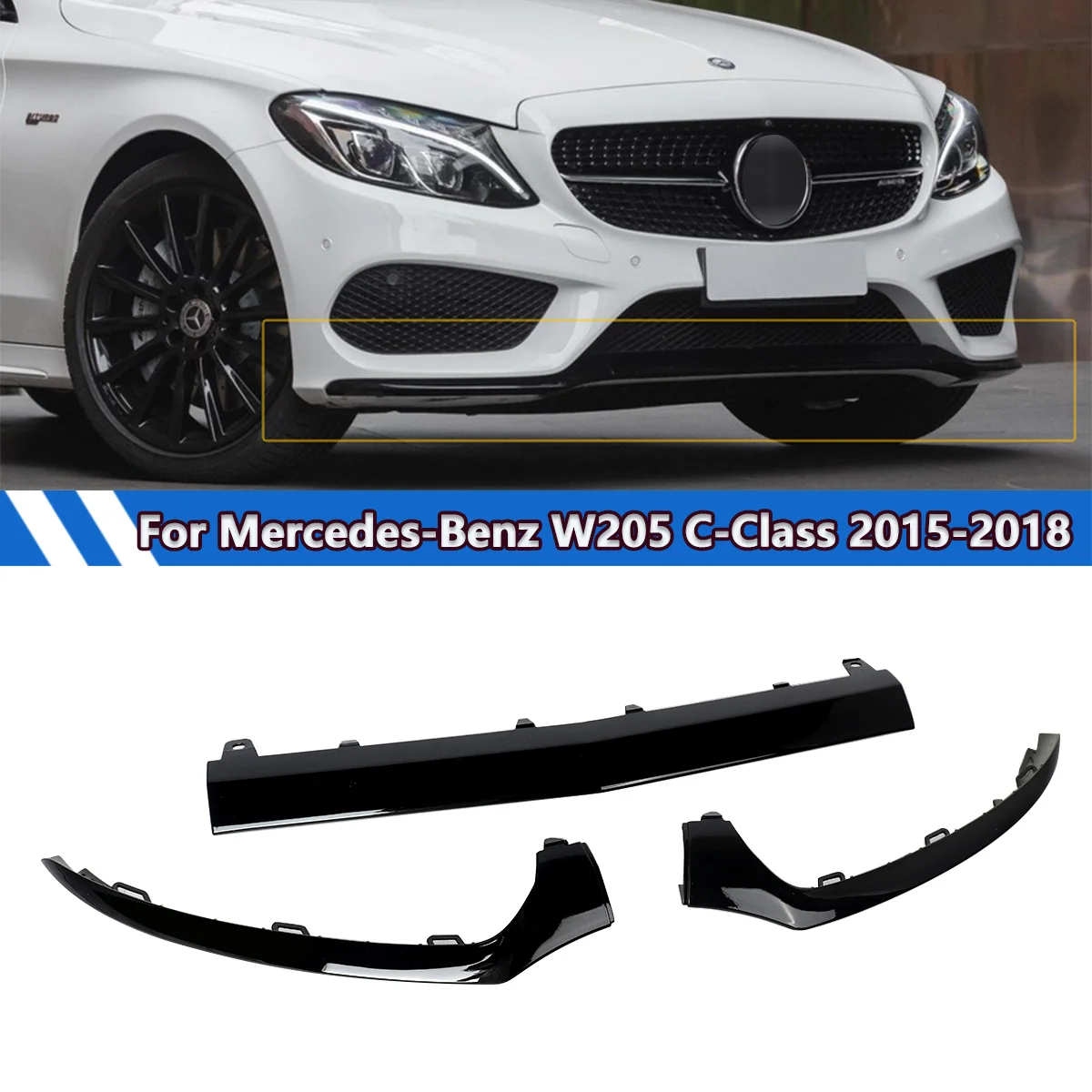 

For Mercedes-Benz C-Class W205 AMG C180 C200 C250 C300 C350 C400 2015 2016 2017 2018 Front Bumper Lip Lower Molding Trim