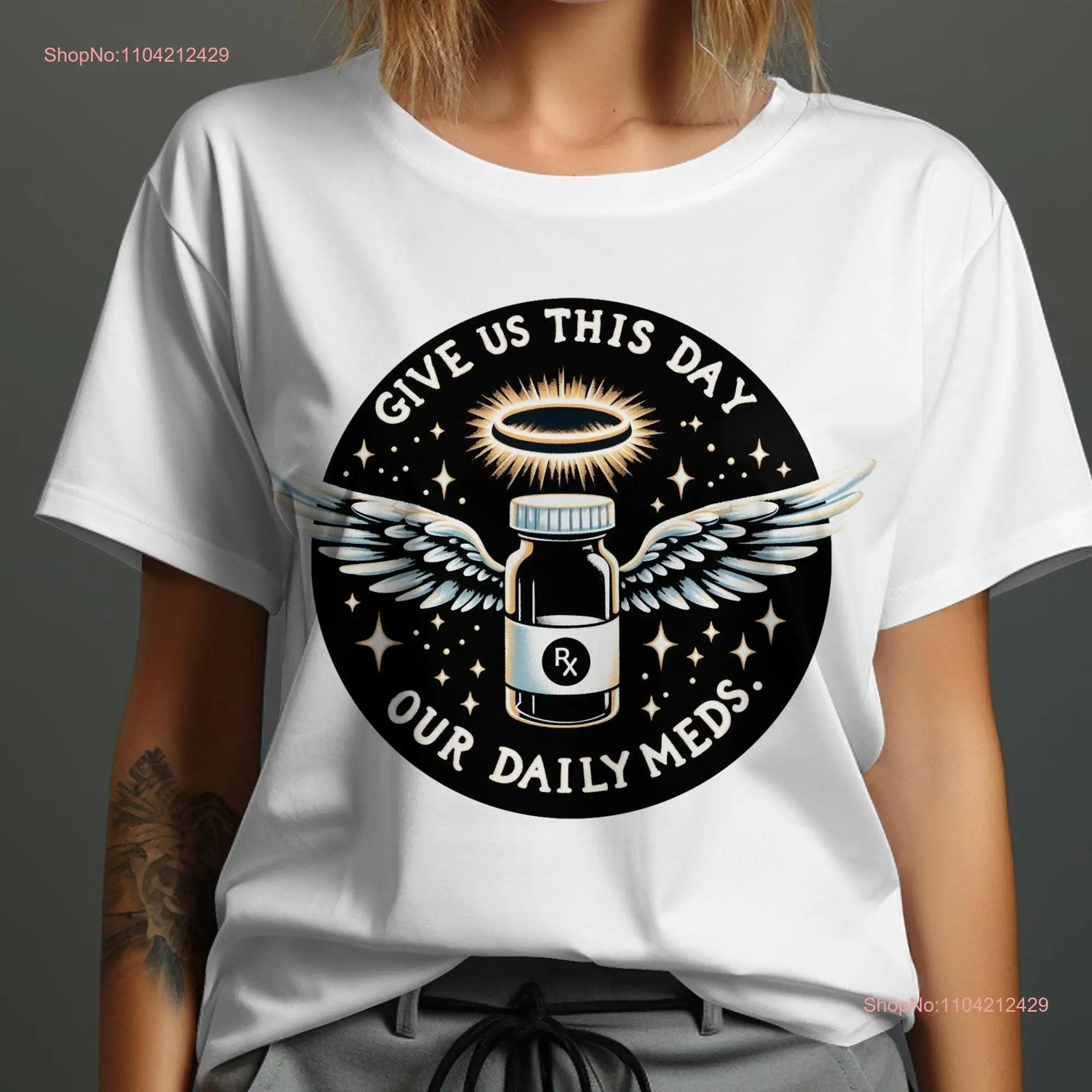 Give Us This Day Our Daily Meds T Shirt Winged Rx Bottle Funny Medication Prescription Humor Sarcastic