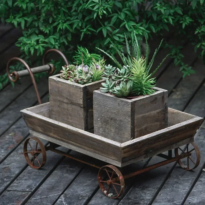 American Vintage Wooden Flower Cart Garden Wheelbarrow Decor Florist Small Trailer Rustic Flower Pot Decoration