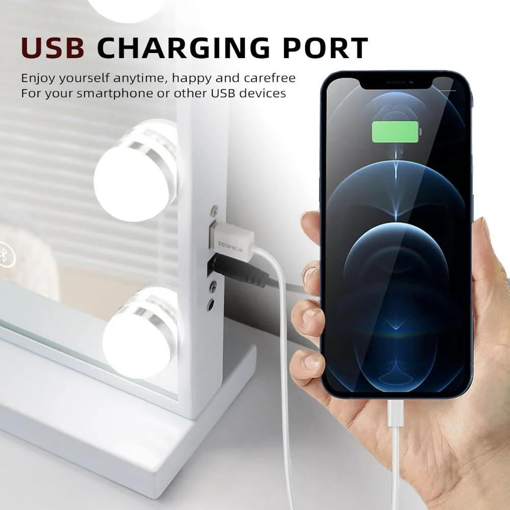 조명이 있는 화장대 거울, 조명 메이크업 거울, 15 개의 전구, 3 가지 조명 색상, 밝기 조절 가능, USB 포트, 탁상 벽