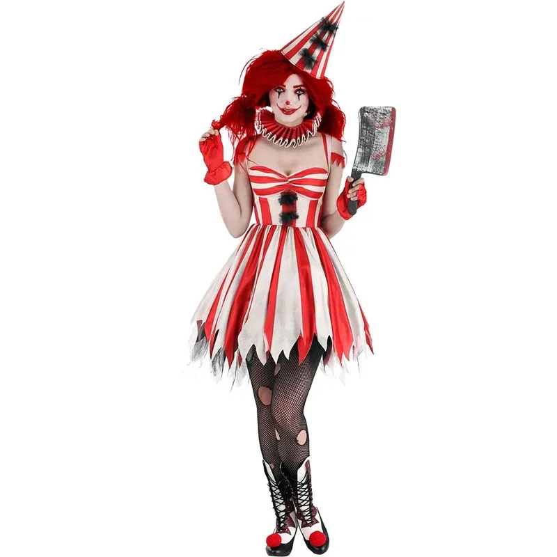

Red Scary Clown Halloween Costume Dress Women Cosplay Horror Clowns Stage Carnival Party Dress Up Masquerade Outfit