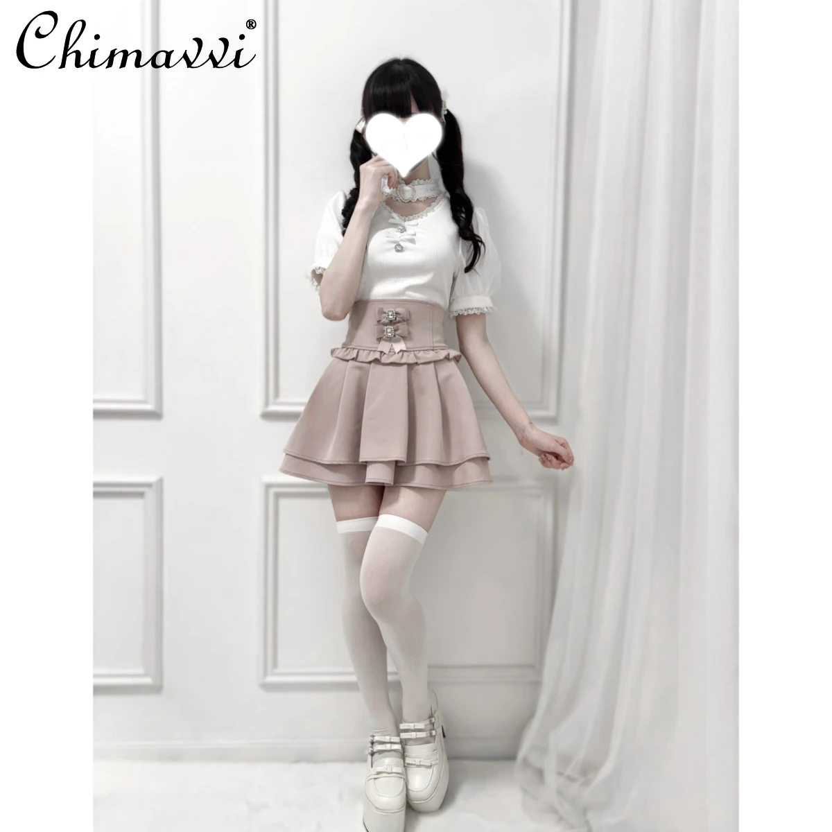 New Japanese Sweet Rhinestone Heart Collar V-Neck Knitted Short Sleeve T-Shirt Summer Mass-Produced Cute Bowknot Slim Lolita Top