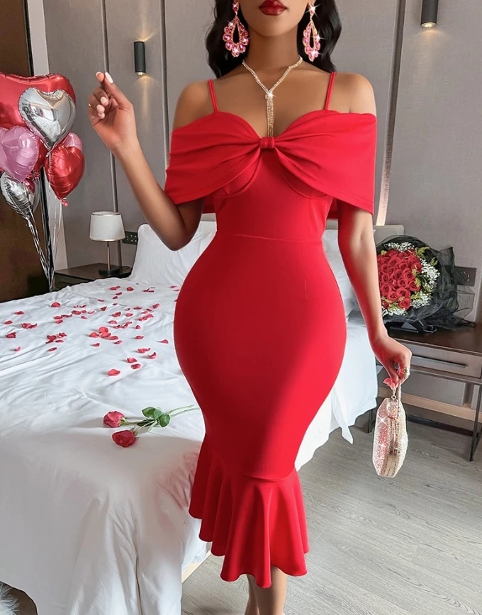 Women's Fashion Sexy Bowknot Design Bodycon Elegant Dress Plain Off Shoulder Spaghetti Strap Midi Skinny Party Mermaid Dresses