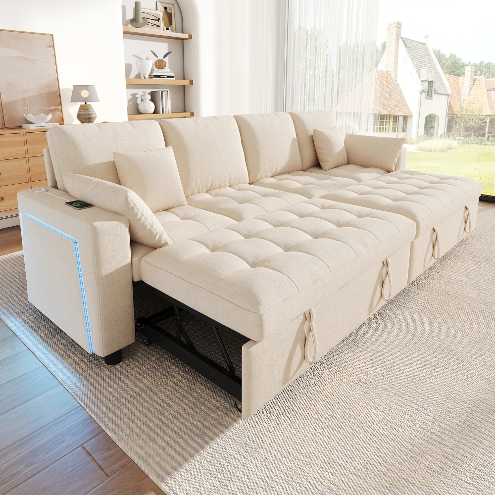 Divano letto angolare a forma di L, con 4 posti, rivestito in tessuto chenille, dotato di 2 zone letto estensibili indipendentemente, schienale regolabile in 3 posizioni, include 2 cuscini e 2 cuscini