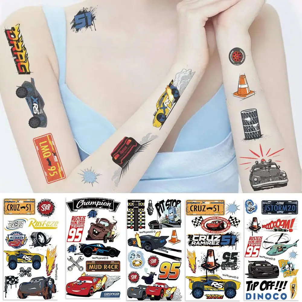10 pièces dessin animé voitures tatouage autocollants Cool foudre McQueen tatouages temporaires autocollant Pack drôle enfants cadeau jouet Stiker