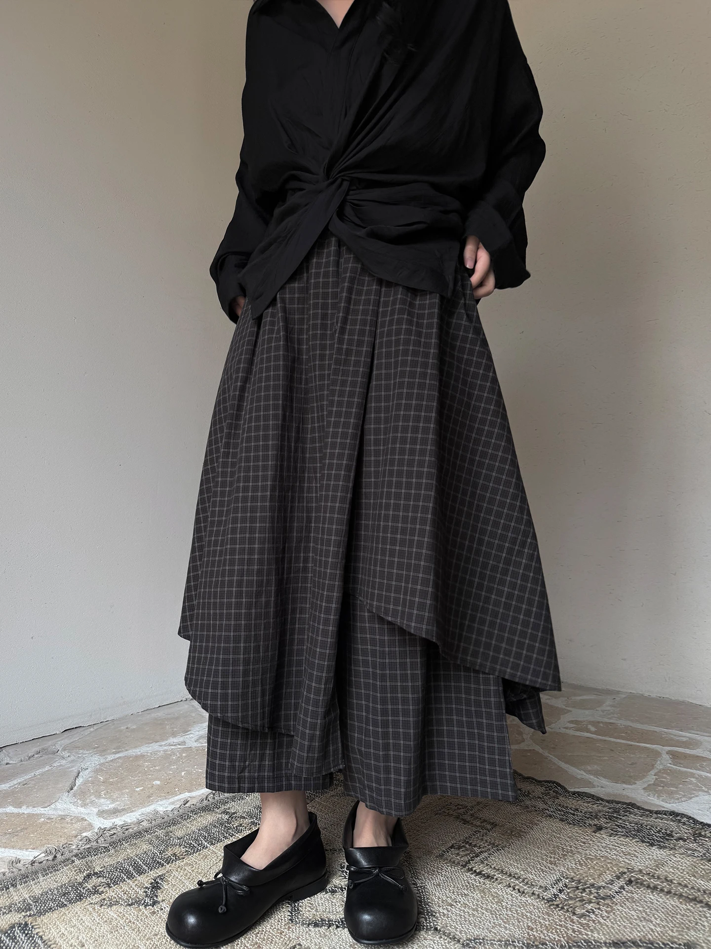 Casual Plaid Skirt Pants Asymmetrical Design Fake Two-Piece Miniature Personality Land And Mountain Style Cotton Wide Leg Pants