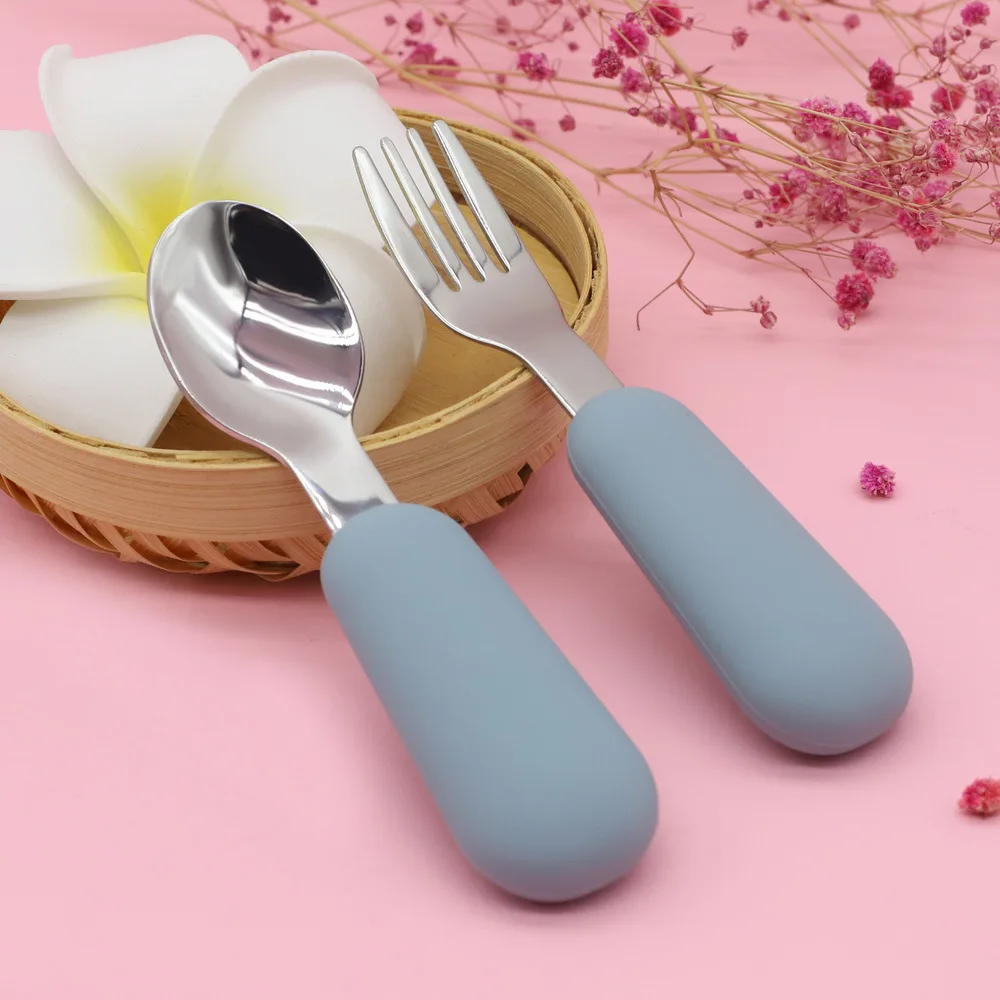 Amazon Hot Sale Food Grade Safety Eco-friendly  Stainless steel Spoon Fork Set Silicone Baby Spoon Fork Set For Training