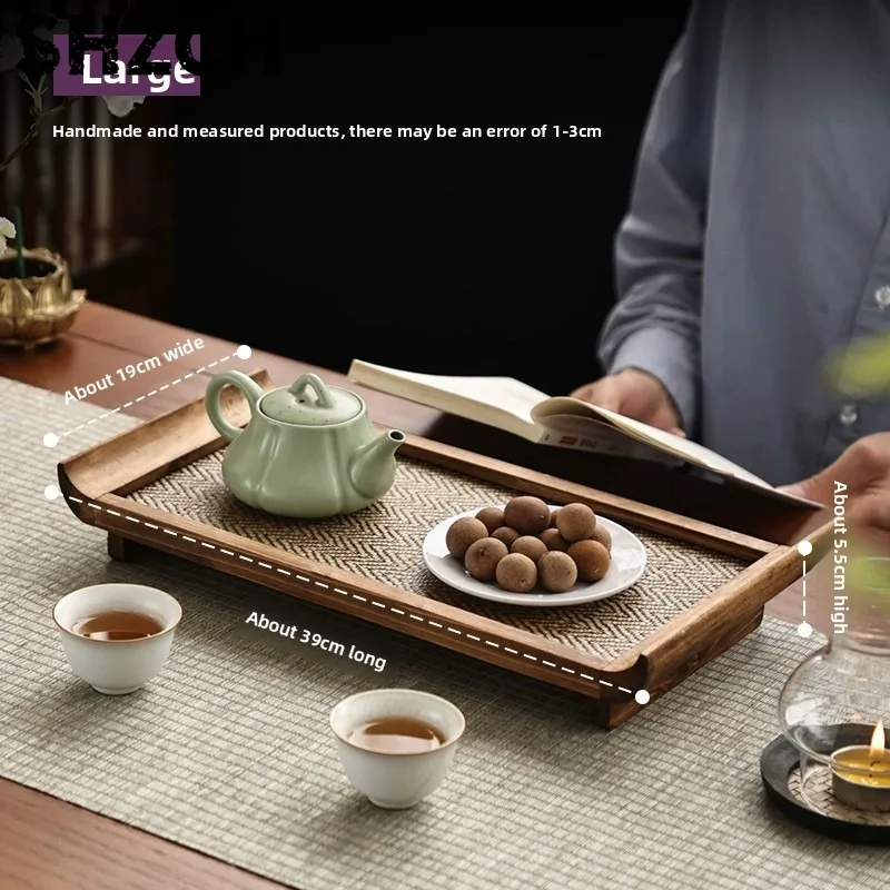 Vintage Rectangular Tea Tray Handmade Zen Tea Set Tray with Solid Wood & Rattan for Home Tea Ceremony and Dry Brewing