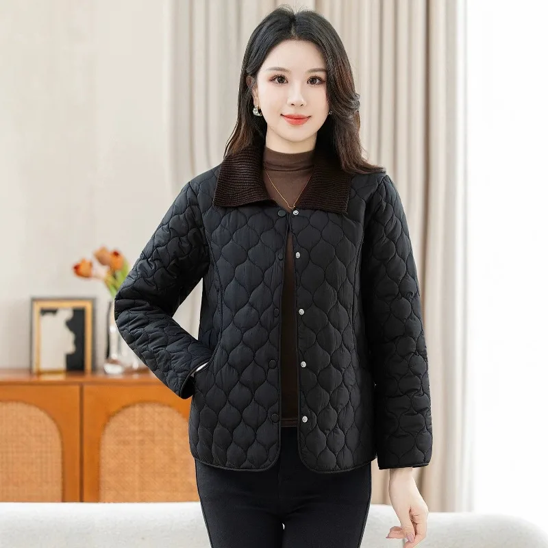 Women Quilted Padded Jacket Short Lightweight Casual Coat Button Front Collar Thermal Windproof Winter Outerwear Korean Style