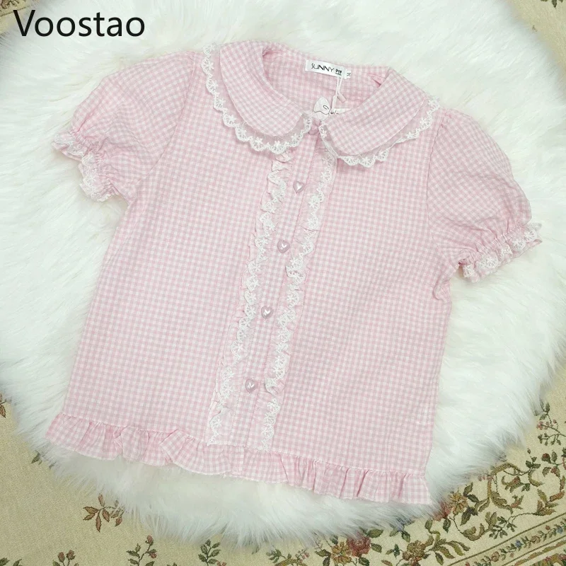 Blusas japonesas de estilo dulce Lolita para niñas, lindas camisas de encaje con volantes y mangas abullonadas a cuadros JK, Blusas Kawaii de estilo Preppy para Mujer X