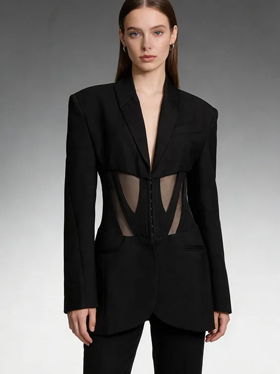 

Женский приталенный пиджак с сетчатыми вставками и эффектом утяжки на талии, прозрачный, для официальных мероприятий, осенняя новинка 2025 года