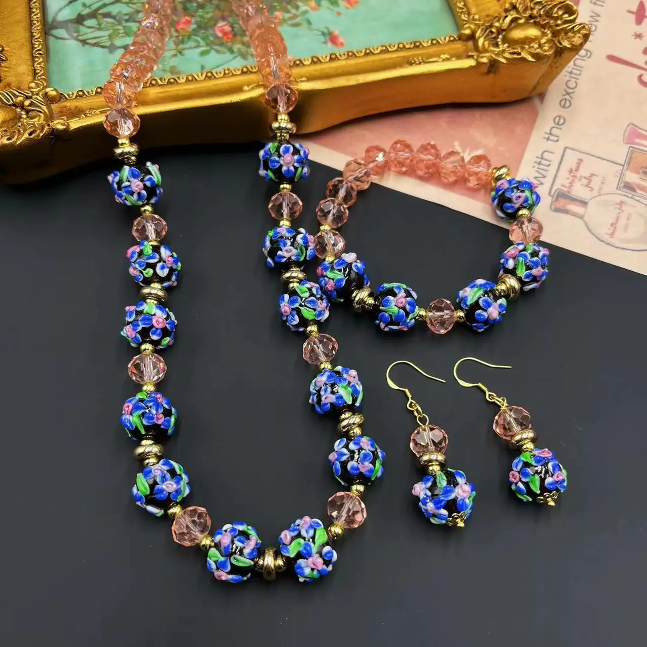 Jewelry Decoration Girl's Earring Glass Flower Print Vintage Glass Crystal Handmade Necklace Bracelet Lady's Daily Boutique