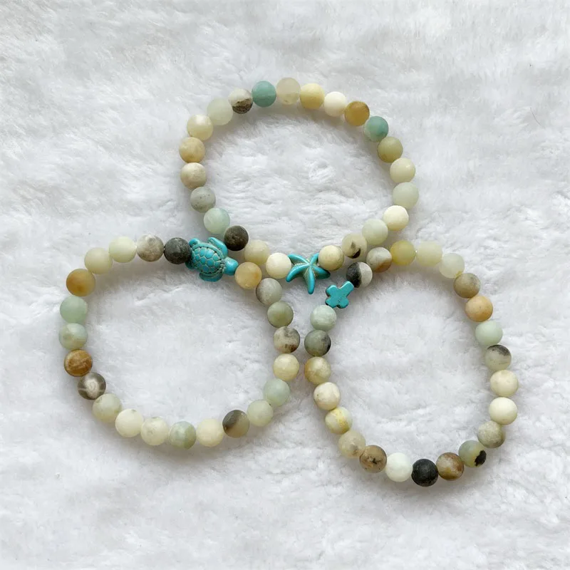 1Pc Cross Starfish Turtle Matte Amazonite Natural Stone Bracelet Sea Tortoise Elastic Lovers Stretch Friendship Relationship