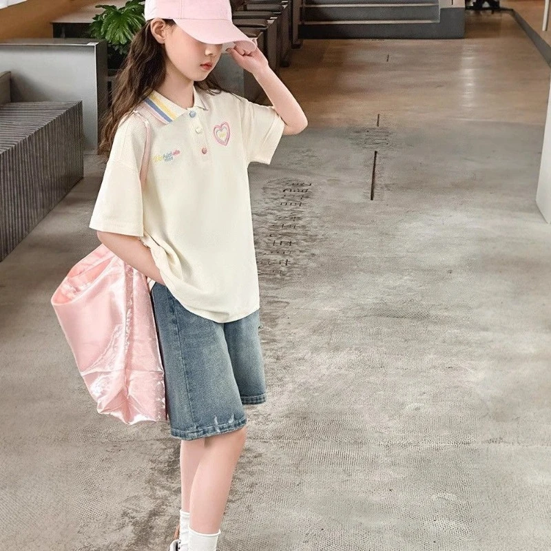 Girls Summer 2026 Polo Shirt Set Loose Short Sleeve Casual Outfit for Kids Toddler Daily Wear Holiday School Breathable Comfort