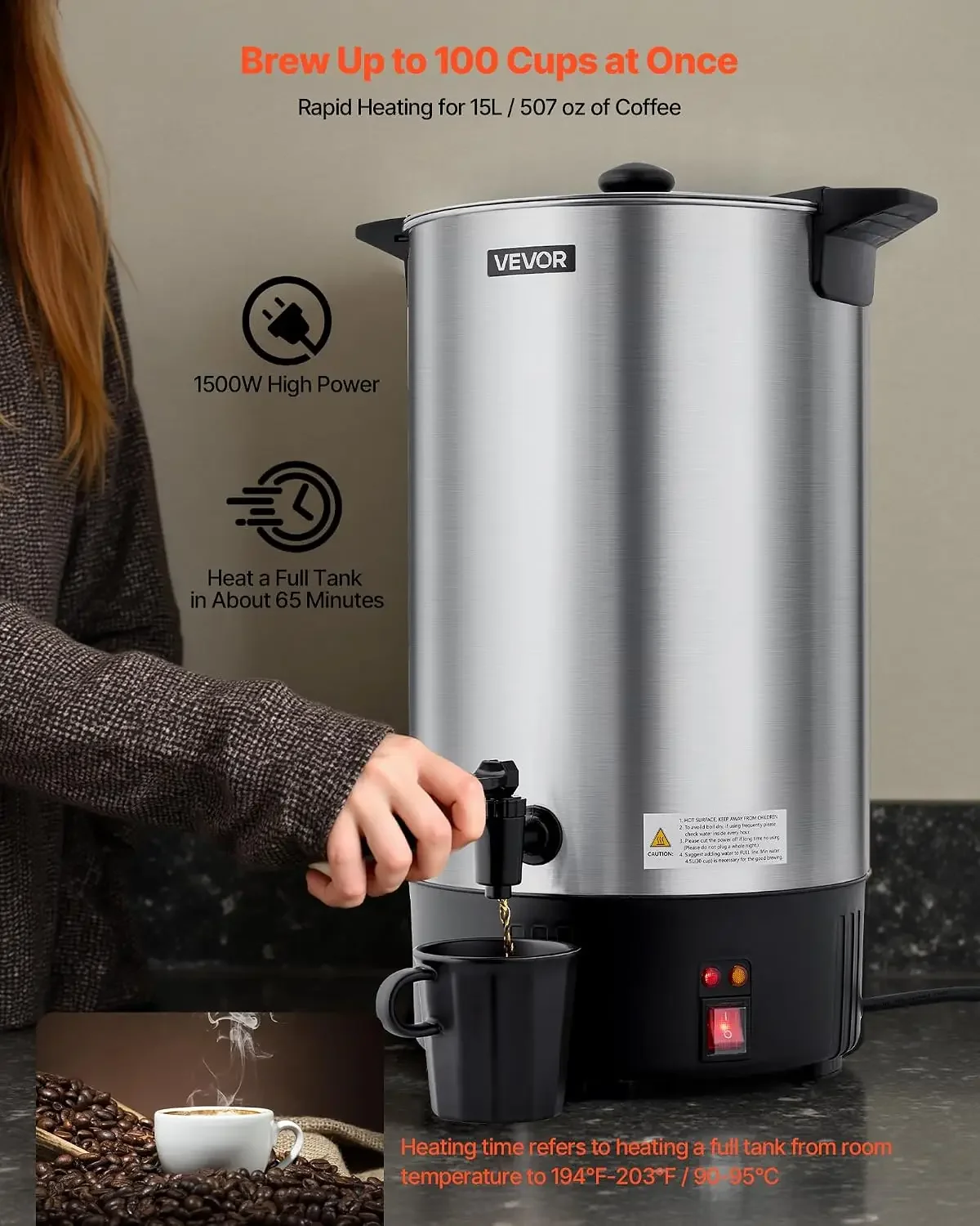 Commercial Coffee Urn, 100 Cup 15 L Hot Beverage Dispenser with Dripless Faucet, Quick-Brewing Stainless Steel Large Commercial