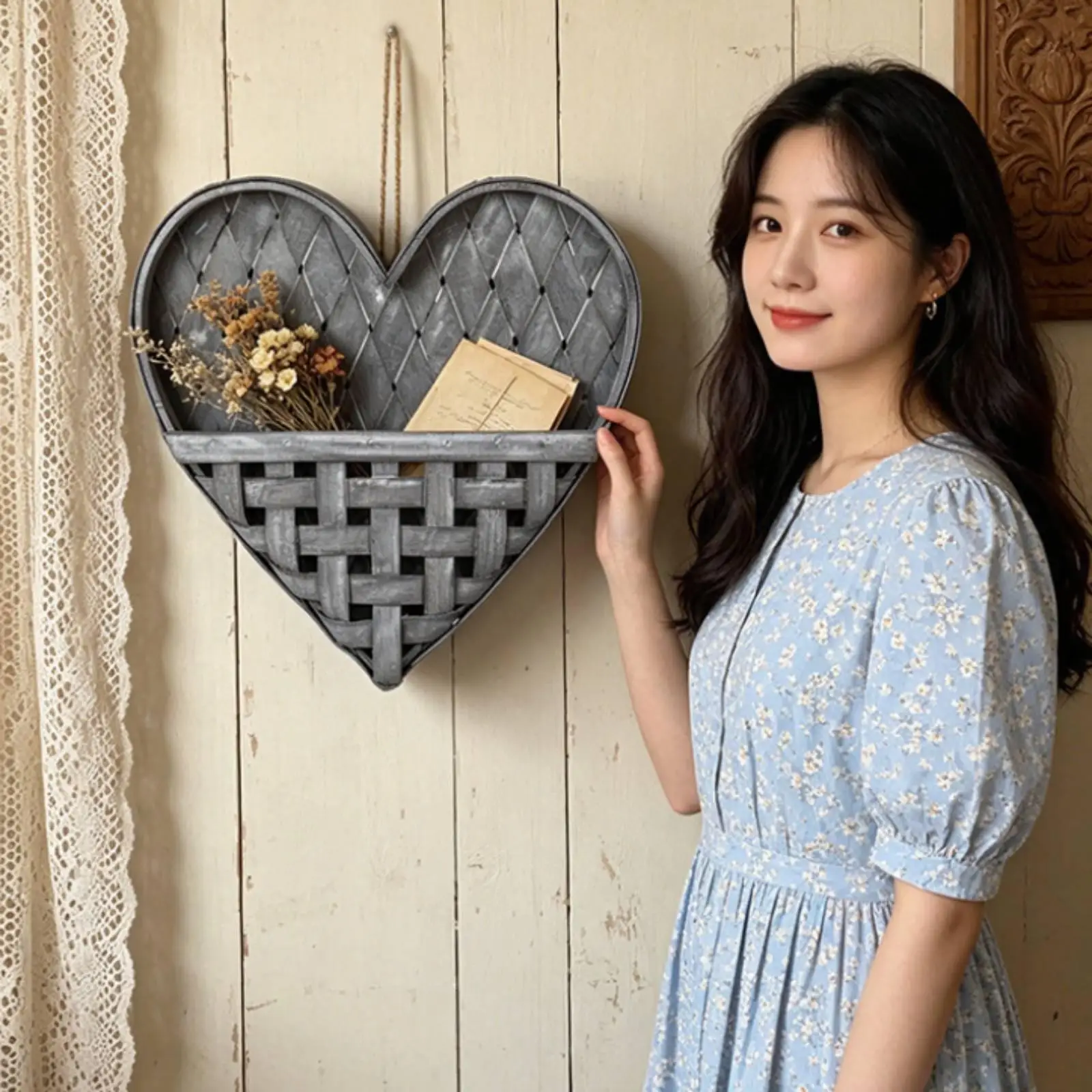 Heart-shaped wooden wall basket, storage basket, woven, home accessory.
